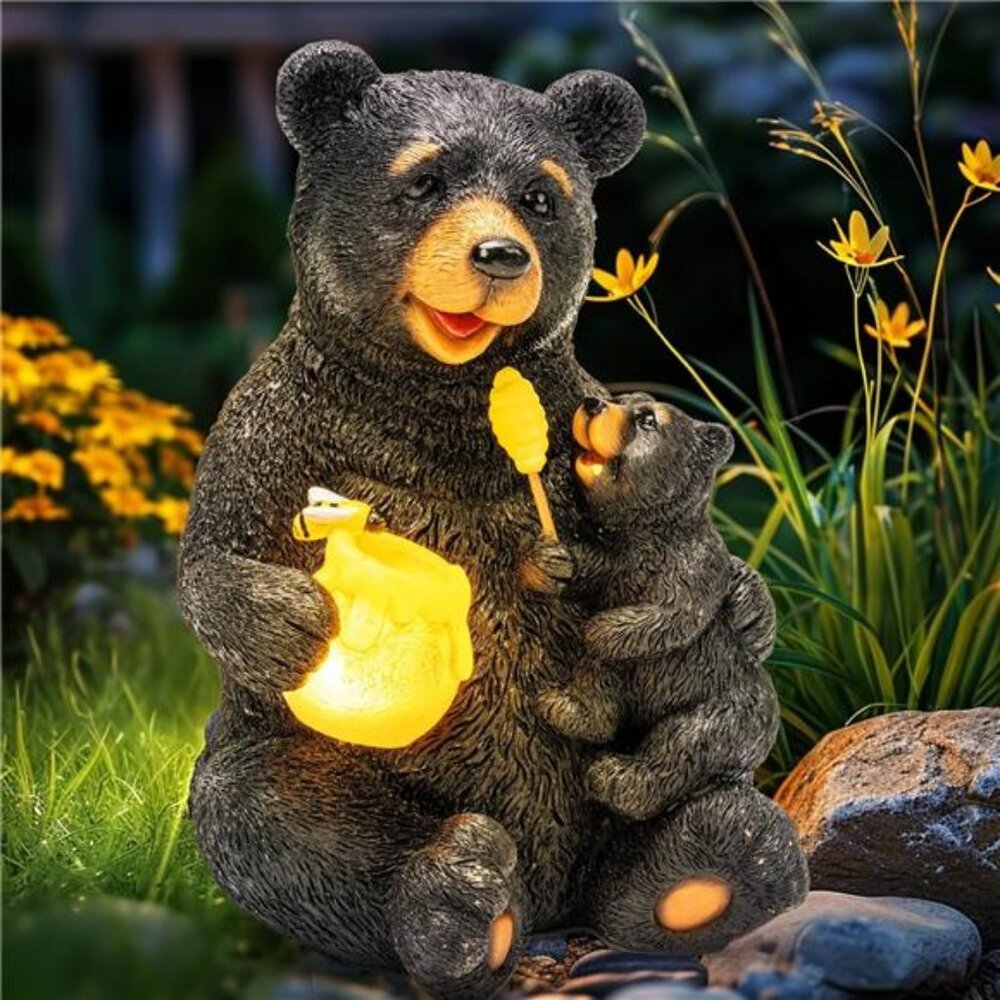 Solar Garden Statues Loving Bear Figurine Lights for Outside, Yard Decorations